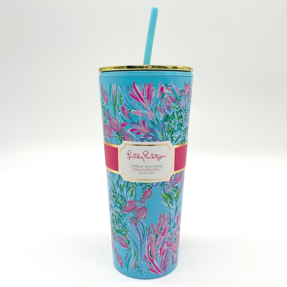 Lilly Pulitzer Women Tumbler 24‎ Oz Floral Best Fishes Blue Pink Summer Coastal